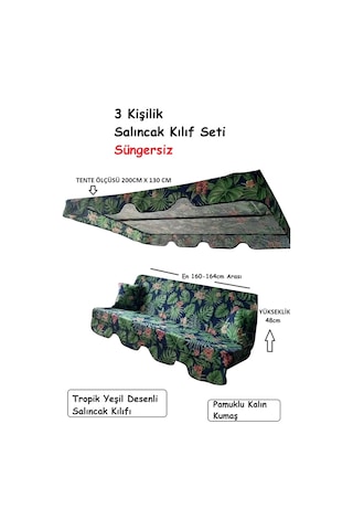 Süngersiz 3 Kişilik Salıncak Minder Seti - Tropik Yeşil