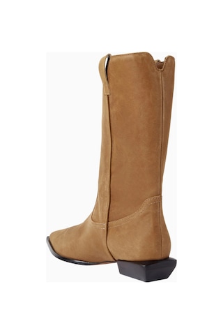 Schutz Ashley 30 Kahverengi Deri Western Topstitch, Düşük Blok Topuklu Lüks Bot