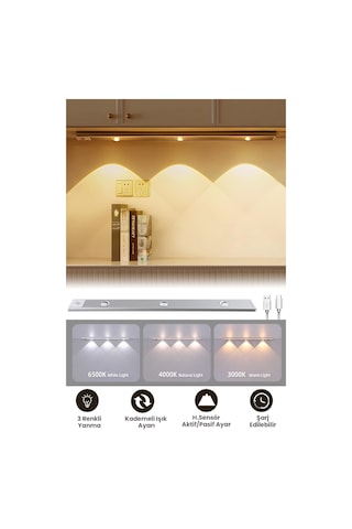 Technojet Hareket Sensörlü Şarj Edilebilir 3 Farklı Renk Yanabilen 3 Led Dekoratif Lamba,dolap Işığı