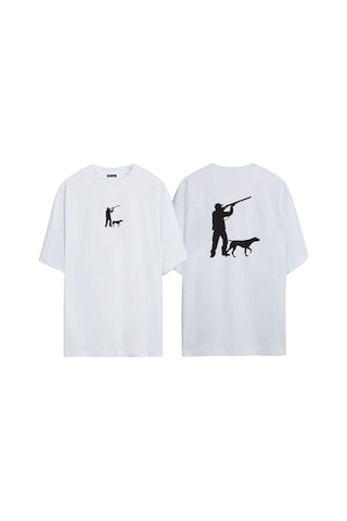 Thewert Unisex Avcı Ve Köpek Siluet Çizimi Ön Arka Baskılı Beyaz Oversize T-shirt