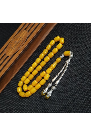 Vipkehribar Sarı Hareli Sıkma Kehribar Yılangözü Tesbih 8 x11 MM