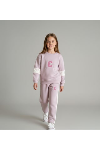 3 İplik Şardonlu C Harfli Nakış Detaylı Şeritli Pembe Kız Çocuk Eşofman Takımı Pembe