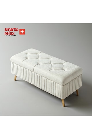 Smarto Relax Swiss Style Puf , Appenzell Kapitone Sandıklı Puf, Babyface Kaplama, 100x40x45 Cm, Ahşap Ayaklı ,sandıklı Dekoratif Puf Ekru Bej