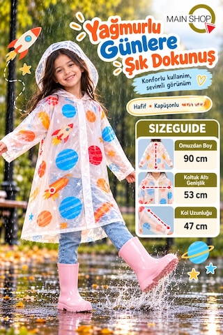 Mainshop 6-7 Ve 8-9 Yaş Çocuk Yağmurluk Kapüşonlu Su Geçirmez Şeffaf Desenli Çok Renkli