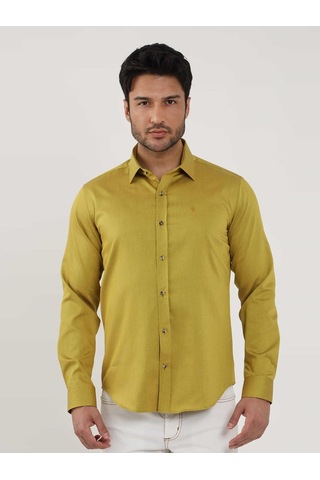 Dufy Koyu Sarı Erkek Slim Fit Düz Brent Yaka Uzun Kol Gömlek - 102499-koyu Sarı Koyu Sarı