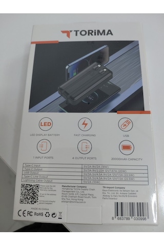 Torima Trm-1025 Siyah 20000mah 2 Çıkışlı Taşınabilir Hızlı Şarj Dijital Göstergeli Powerbank