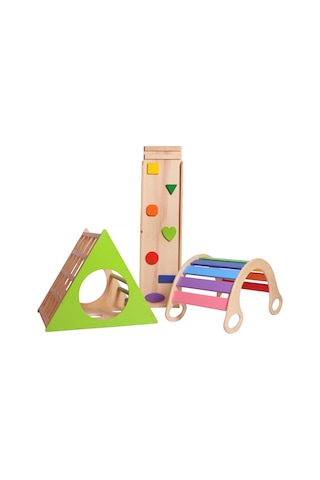 Woodnjoy Ahşap Üçgen Pikler Ve Dönence Setimiz 3'lü Set Renkli
