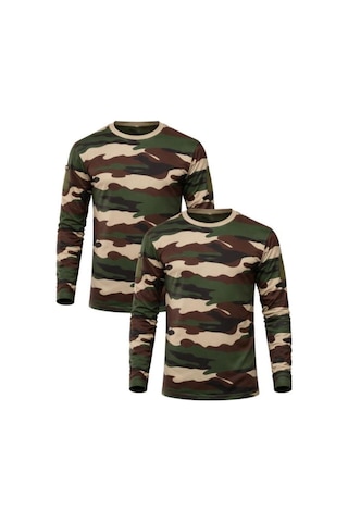 Single Sword Kamuflaj 2 Li Set Bisiklet Yaka Kamuflaj Desen %100 Pamuklu Uzun Kollu Erkek T-shirt Çok Renkli