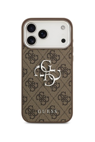 Apple Uyumlu iPhone 17 Pro Max Kılıf Guess Lisanslı Gümüş Kamera Çerçeveli 4g Desen Büyük 4g Ve Yazı Logolu Kahve Kahverengi