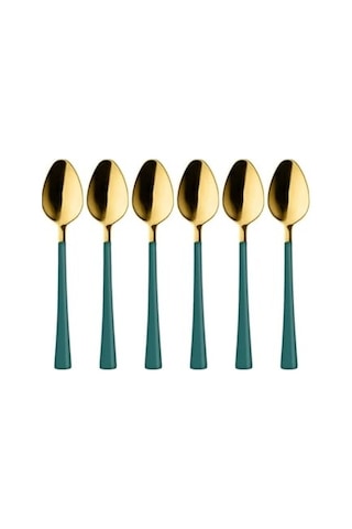 6 Adet Çay Kaşığı Seti, 18/10 Paslanmaz Çelik, Gold Yeşil, 11 Cm, 70 Gr Çok Renkli