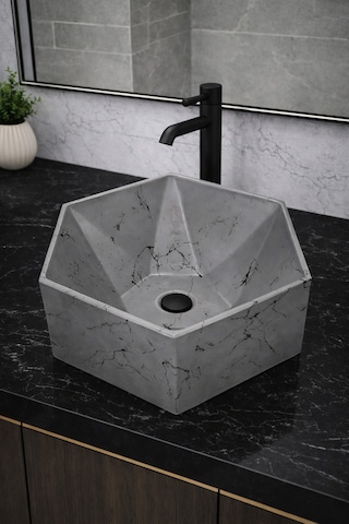 Mermer Desenli Tezgah Üstü Altıgen Taş Lavabo 45 X 16 Cm Gri