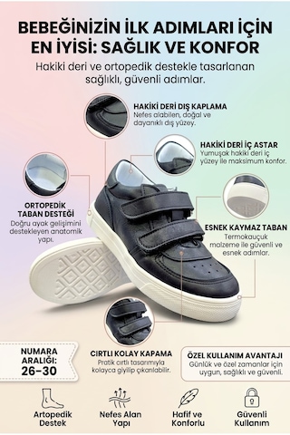 Perlina Ortopedik Taban Hakiki İç Dış Deri Çocuk Ayakkabı Siyah