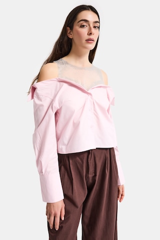 Itsbasic Kadın Pembe Oversize Tül Dantelli Özel Tasarım Gömlek