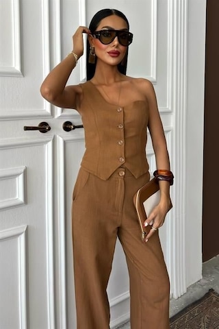 Tek Omuz Büstiyer Plazzo Pantolon Viscon Takım 10159 Kahverengi