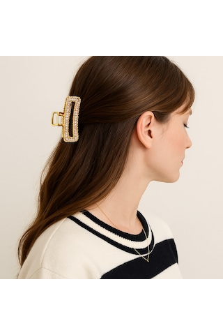 7 Cm Taşlı Eliptik Gold Saç Tokası Işıltılı Ve Zarif Metal Mandal Toka Altın