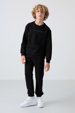 Tommy Life Siyah Pamuklu Kalın İçi Tüylü Yumuşak Dokulu Standart Fit Baskılı Erkek Çocuk Eşofman Takım - 11257 Siyah