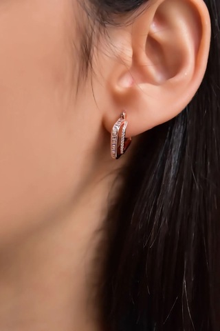 İstanbul Takı 925 Ayar Gümüş Rose Kaplama Çift Kare Halka Baget Taşlı Tamtur Küpe