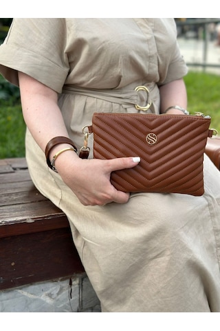 Kadın Suni Deri Taba Renkli Ayarlanabilir Çapraz Ve El Askılı Portföy, Clutch Çanta Taba