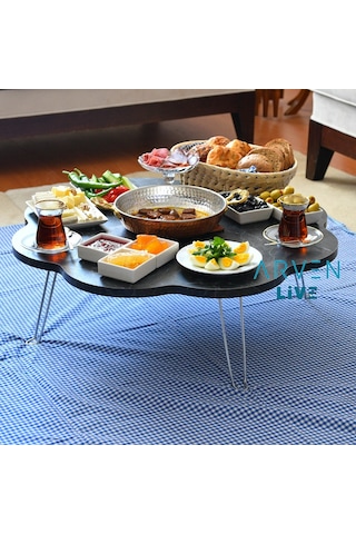 Arvenlive Mermer Desenli Ahşap Katlanabilir Papatya Yer Sofrası (467864063)