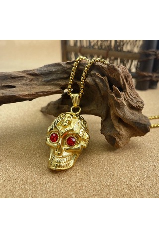 Altın Opk Kafatası Retro Kırmızı Gözler Kolye Erkekler 4 70cm Altın