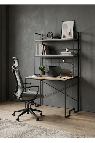 Uykula Demonte Raflı Çalışma Masası 90x60 Cm- Modern Bilgisayar Masası Kitaplıklı Metal Ayaklı Home Office Masa Siyah