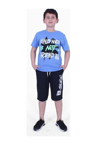 Fyk Kids Kind Nes-trend Wa Yazı Baskılı Erkek Çocuk Kapri Takım Mavi