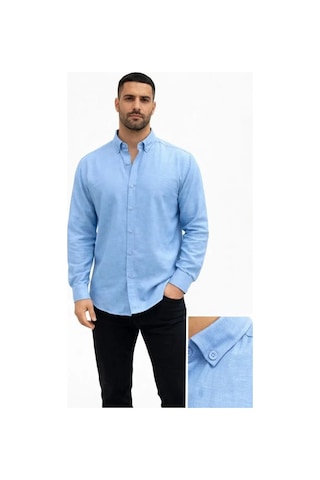Hazego Erkek Keten Kumaş Oversize Uzun Kollu Rahat Kalıp Gömlek - Açık Mavi