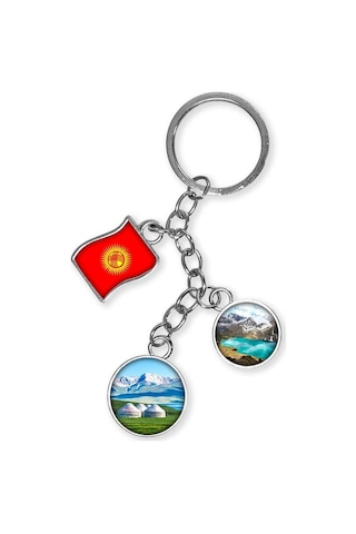 Kırgızistan Üçlü Epoksi Metal Çift Taraflı Damla Anahtarlık Kyrgyzstan Gümüş