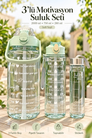 Madamev 3lü Motivasyonel Suluk Matara Seti 2000+750+280ml Pipetli Sticker Askılı Spor Okul Su Şişesi Çok Renkli
