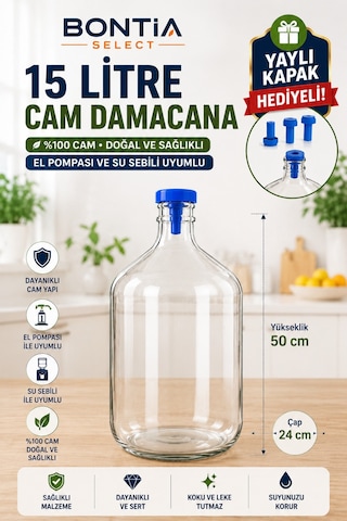 15 Litre Cam Damacana Koruyucu Kılıflı Yaylı Kapak Hediyeli Sebil Ve El Pompası Uyumlu %100 Cam Damacana Şeffaf