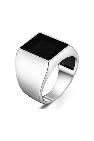 Gümüş Dikdörtgen Siyah Oniks Taşlı Sade Tasarım Erkek Yüzük