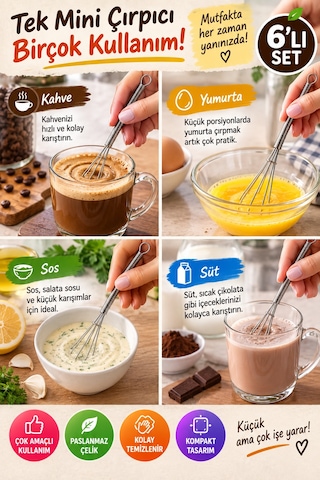 6'lı Mini Çırpıcı Seti 13 Cm Paslanmaz Çelik Çay Kahve Yumurta Sos Karıştırıcı Yaylı Mutfak Çırpıcı Gümüş
