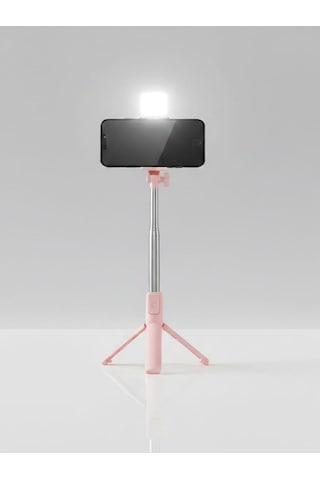 Katlanabilir Uzaktan Kumandalı Selfie Çubuğu Işıklı Masa Üstü Tripod Telefon Tutucu Pembe