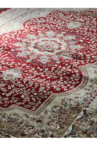 Asaryün Halı Ipek H3528 Bordo İpeksi Geleneksel Renkli Göbekli Klasik Desen Salon Halısı Modern Renkli