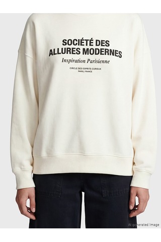 Lcw Vision Ekru Bisiklet Yaka Baskılı Oversize Kadın Sweatshirt