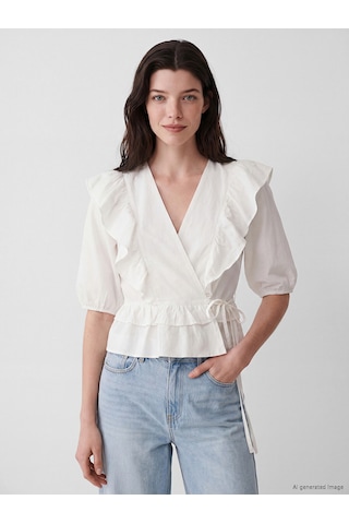 Lcw Comfort Beyaz Kruvaze Yaka Fırfırlı Bluz