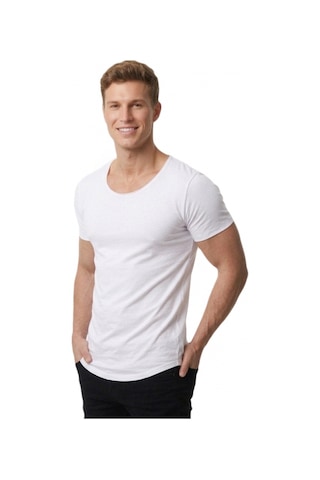 Deepsea Erkek Beyaz Geniş Yaka Likralı Tişört Oval Yaka Slim Fit Eteği Oval Açık Yaka T-shirt 1801199 Beyaz