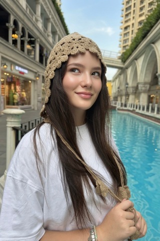 Mollycrush Camel Örgü Yazlık Bere Çiçek Motifli Yazlık Şık Saç Aksesuarı Kahverengi