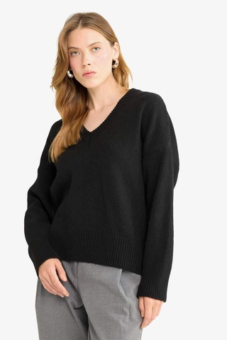 Defacto Oversize Geniş Kalıp V Yaka Triko Kazak G2957ax25aubk27 Siyah-bk27