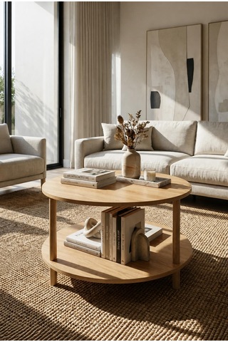 Oval Modern Kolay Kurulum İki Katlı Yuvarlak Orta Sehpa Raflı Şık Dayanıklı Safir Meşe