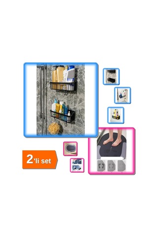 Buççin Online Mağaza 2 Adet Yapışkanlı Plastik Askılı Raf + Sihirli Su Emici Kaydırmaz Banyo Paspası - 2li Set M5y2p1 Pla Çok Renkli