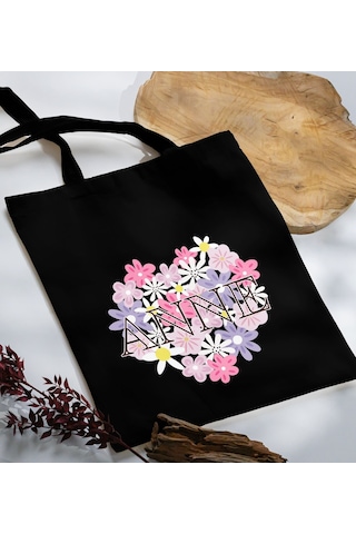 Bk Gift Anneler Günü Tasarımlı Siyah Kumaş Bez Çanta, Baskılı Omuz Çantası, Alışveriş Çantası, Anneler Günü Hediyesi, Anneye Hediye-3 Siyah