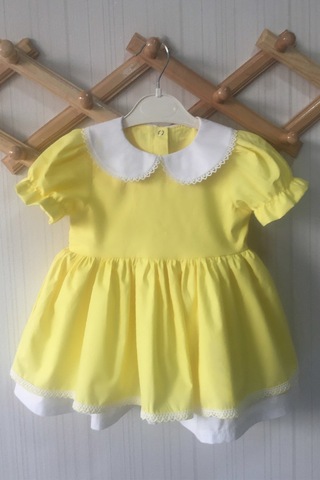 Dantel Detaylı Bebe Yaka Sarı Kız Çocuk Bebek Elbise 001