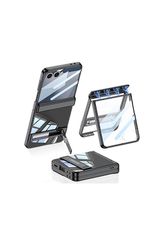 Samsung Galaxy Uyumlu Z Flip 7 Kılıf Kamera Korumalı Şeffaf Tasarımlı Standlı Kapak Lacivert