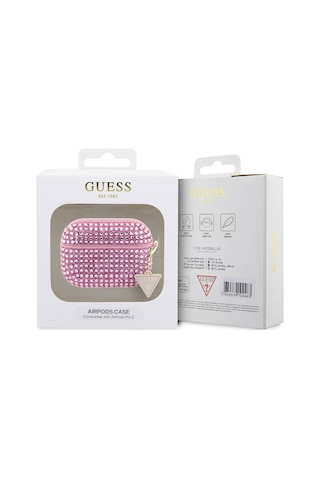 Apple Uyumlu AirPods Pro 2 Kılıf Guess Lisanslı Parıltılı Taş Kaplamalı Üçgen Logo Süs Zincirli Pembe