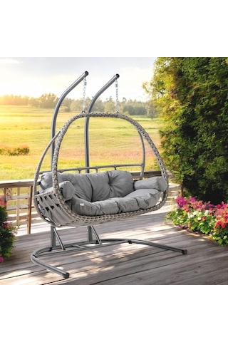 Malta Çiftli Rattan Bahçe Salıncağı Gri Çok Renkli