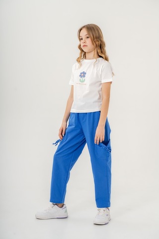 Mısstuffy Kız Çocuk Pamuklu T-shirt Keten Pantalonlu Yazlık Takım 6-9 Yaş Beyaz - Mavi