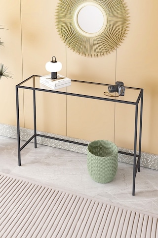 Canvas Metal Dresuar Dekoratif Kahve Köşesi Konsol Siyah Şeffaf Camlı Siyah