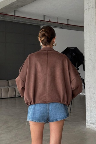 Öner Oversize Kadın Bomber Acı Kahve Süet Deri Ceket Kahverengi3565 Kahverengi3565