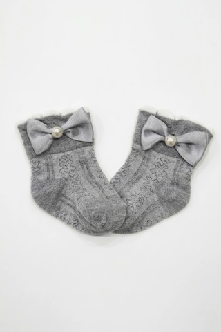 Cocole Socks Kız Çocuk Aksesuarlı Soket Çorabı Tekli Pamuklu Fiyonklu Gri Desenli